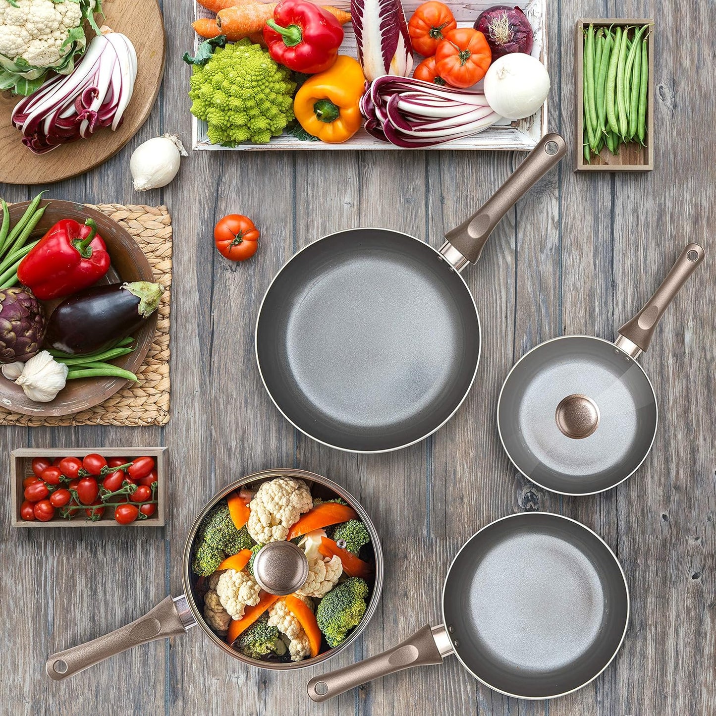 6 Pcs Dark Grey Nonstick Cookware Set, Pots and Pans Set Non Stick with Glass Lid, Induction Cookware, Stay-Cool Handle PTFE/PFOA Kitchen Pots 6-Piece with Frying Pans & Saucepan