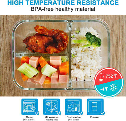 Premium 3-Pack 36Oz Glass Bento Box Meal Prep Containers - 3 Compartment Design, Oven & Microwave Safe, Perfect for Lunch, Meal Prep, and Food Storage