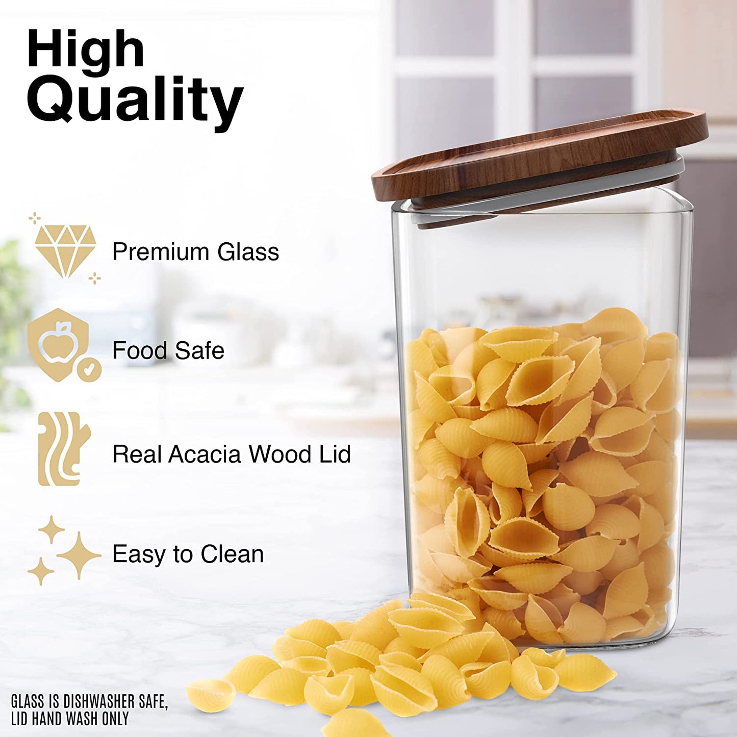 Square Glass Jars with Wood Lids Set of (2) 80 Fl Oz Airtight and Stackable Storage Containers for Kitchen Pantry or Bathroom BPA Free and Recyclable Canister for Food Cookies Coffee Pasta Sugar