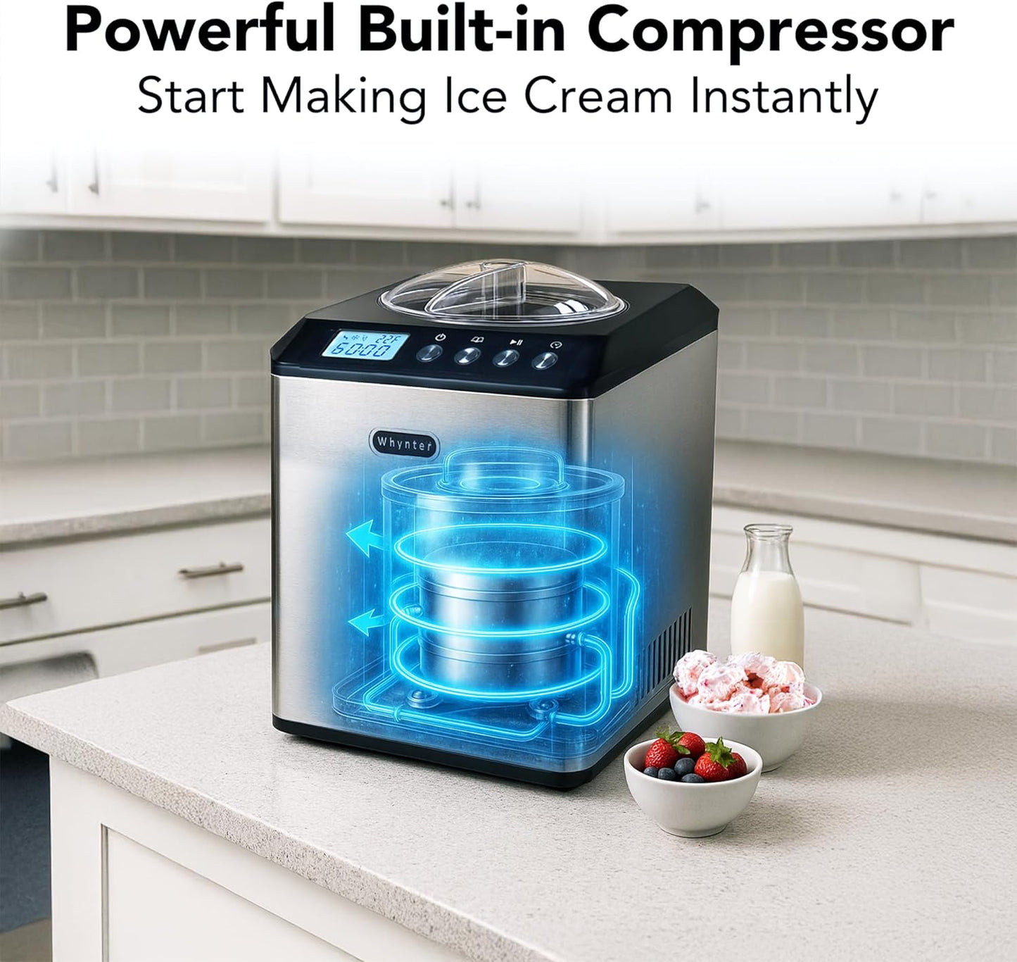 Automatic Ice Cream Maker Machine - 2.1 Qt Upright with Built-In Compressor, LCD Display & Timer - No Pre-Freezing - Stainless Steel ICM-201SB