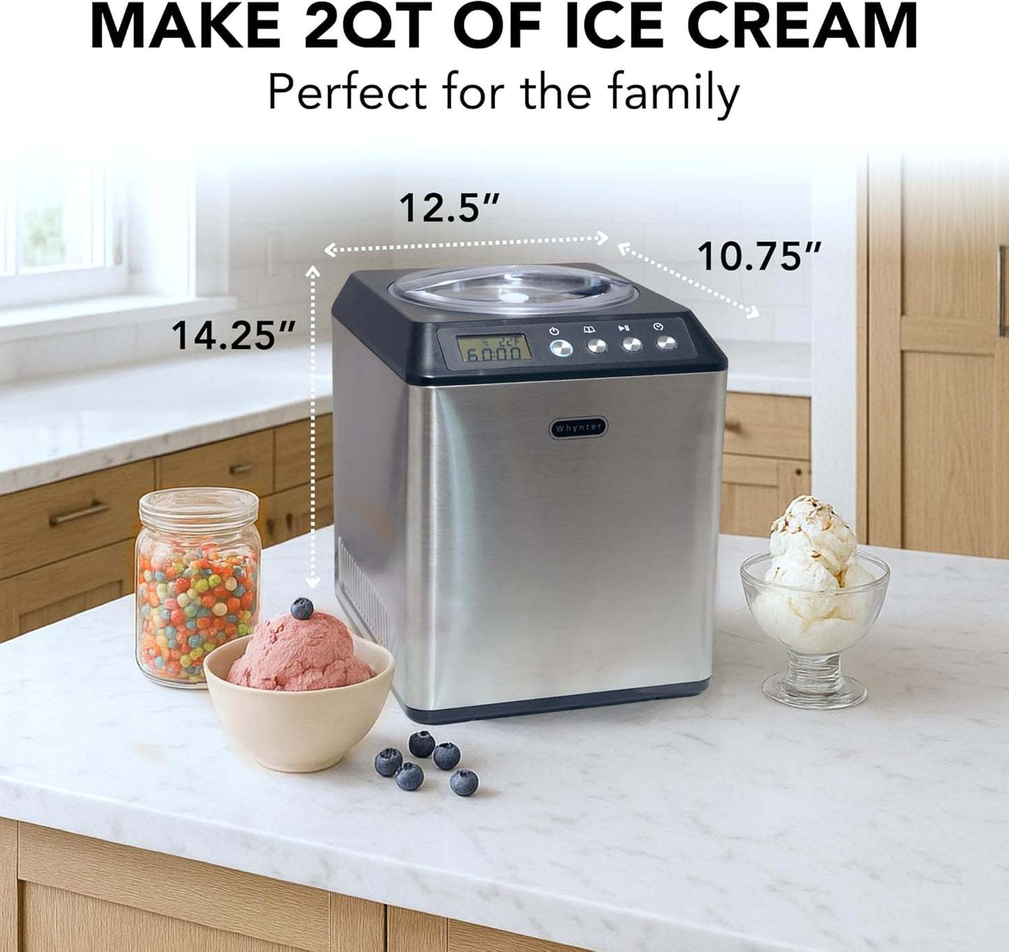Automatic Ice Cream Maker Machine - 2.1 Qt Upright with Built-In Compressor, LCD Display & Timer - No Pre-Freezing - Stainless Steel ICM-201SB
