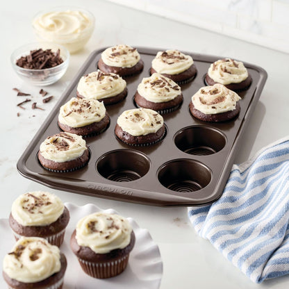 Premium Nonstick 12-Cup Muffin Tin - Durable Steel in Elegant Brown Finish