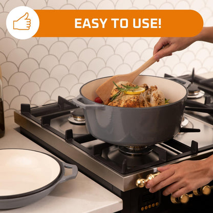 2-In-1 Enamel Cast Iron Dutch Oven with Handles - Crock Pot Grey Cast Iron Pot with Skillet Lid - All-In-One Cookware Braising Pan for Casserole Dish - 7 Quart, Grey