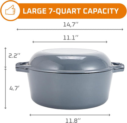 2-In-1 Enamel Cast Iron Dutch Oven with Handles - Crock Pot Grey Cast Iron Pot with Skillet Lid - All-In-One Cookware Braising Pan for Casserole Dish - 7 Quart, Grey