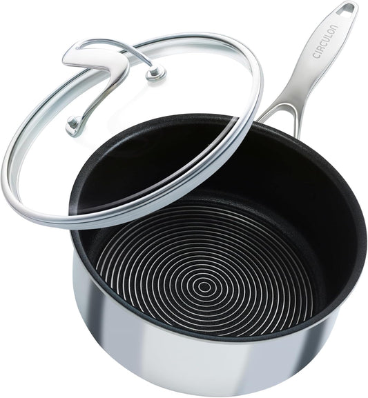 Clad Stainless Steel Saucepan with Glass Lid and Hybrid Steelshield and Nonstick Technology, 2 Quart - Silver