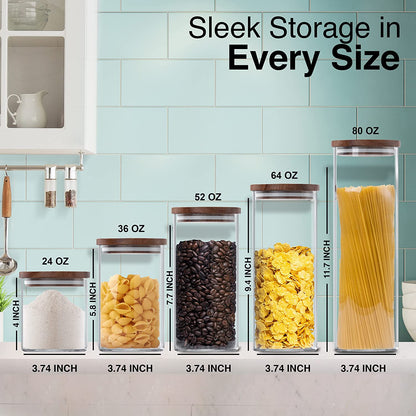 Square Glass Jars with Wood Lids Set of (2) 80 Fl Oz Airtight and Stackable Storage Containers for Kitchen Pantry or Bathroom BPA Free and Recyclable Canister for Food Cookies Coffee Pasta Sugar